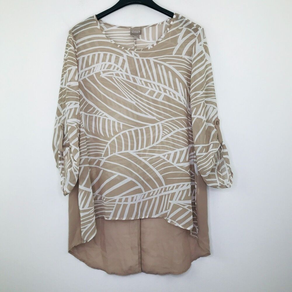 Chico's 1 Women's Medium Blouse Beige White Sheer High Low Hem Split Back BR8
